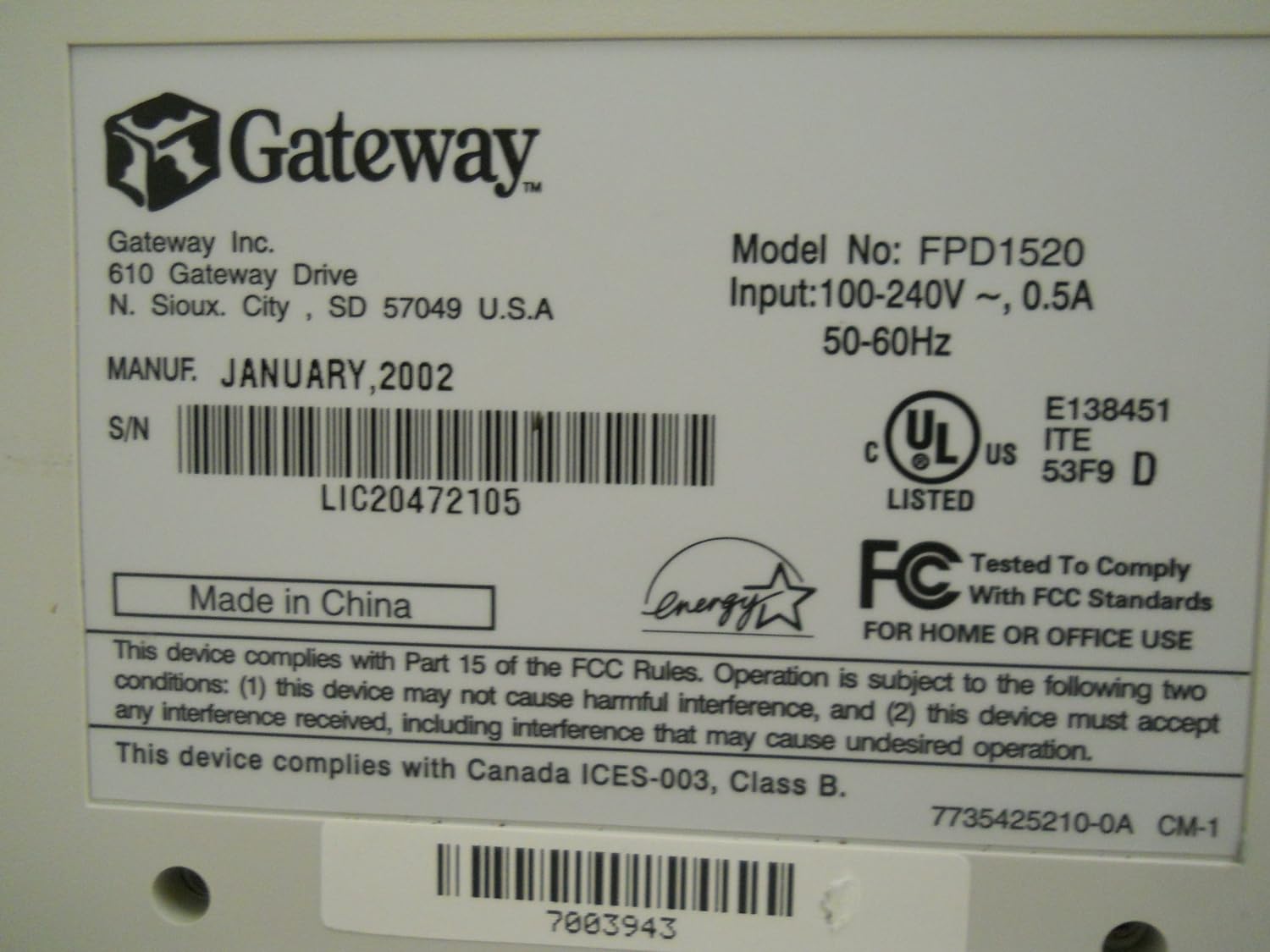 gateway fpd1520